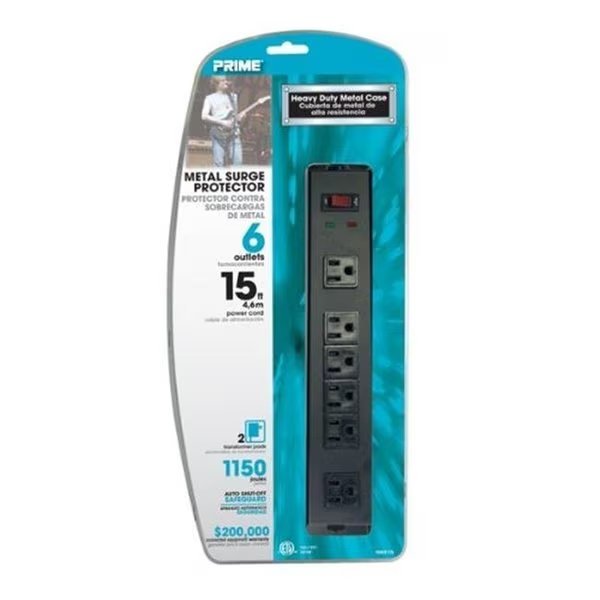 Prime PB802135 6 Outlet Black 1150J Metal Surge Protector with 5 ft. Cord, Prime, Mfr#: PB802135
